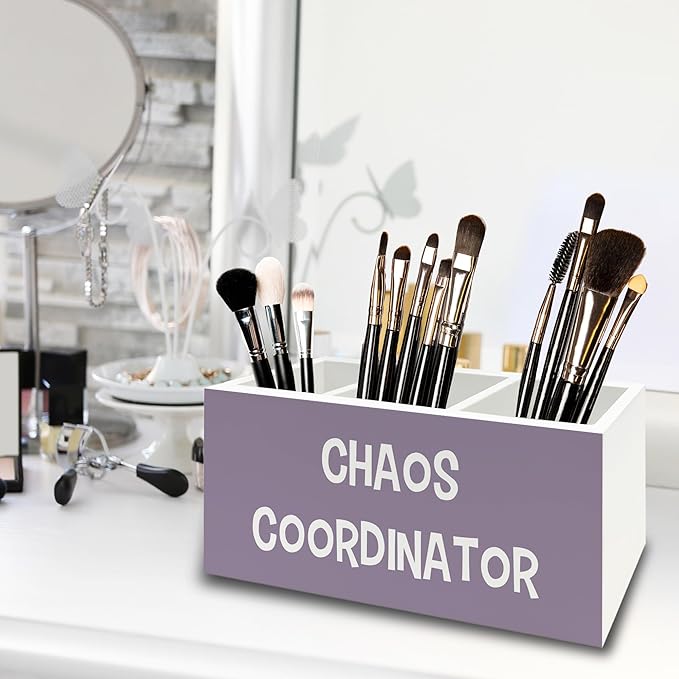 XPH Chaos Coordinator Purple Pen Pencil Holder Organizer for Desk, Thank You Gifts for Women Men Coworkers Boss Leader Manager, Appreciation Gifts Wooden Box Sign for Office Tabletop Decorations
