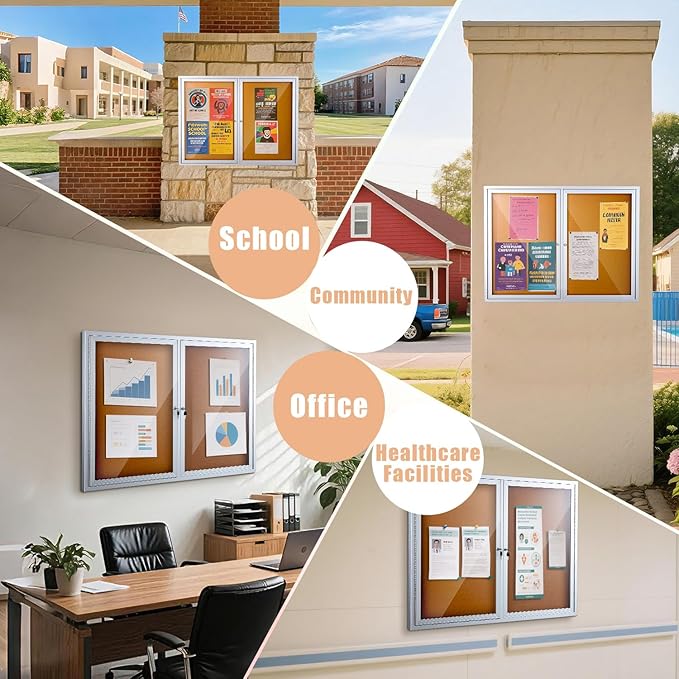 Homezelle Enclosed Cork Bulletin Board 48"x36" Outdoor Weatherproof Cork Noticeboard with Locking Door Wall-Mounted Silver Aluminium Frame for Home, School, Office, Community, Hospital