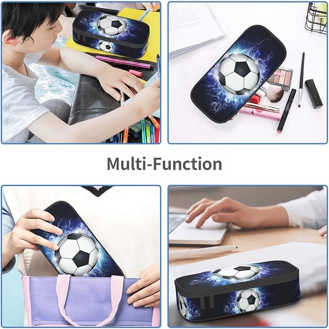 SNAPMADE Soccer Ball Pencil Box Sports Pencil Case for Boys Men, Large Capacity Durable Blue Black Pencil Pouch Storage Pen Bag Stationary Case with Double Zippers