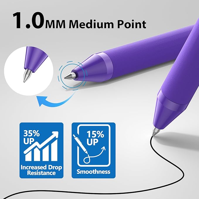 JIMMIDDA Ballpoint Pens Bulk - 107 Pcs Black Ink Pens in Bulk | 1.0 Medium Point Smooth Writing, Retractable No Bleed Ball Point Pen for Men Women (Purple Barrel)