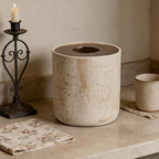 Natural Travertine Textures Mini Trash Can with Rose Gold Stainless Steel Lid, Mini Countertop Trash Can for Bathroom Kitchen, Desk or Table top Mini Garbage Can, Resin Tiny Waste Basket for Vanity