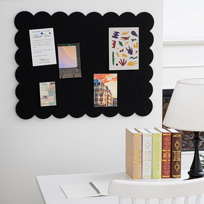 Mooliwe Scalloped Felt Bulletin Board 36 x 24 Inches Foldable Black Pin Cork Board Alternative for Wall, 3' x 2' Trifold Picture Vision Self Adhesive Bulletin Decorative