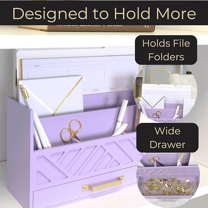 BLU MONACO Purple Mail Organizer Countertop | Wooden Desk Storage with Drawer | Mail Sorter & Bill Holder for Desk | Farmhouse Desktop Organizer with Basket for Home, Office & Kitchen