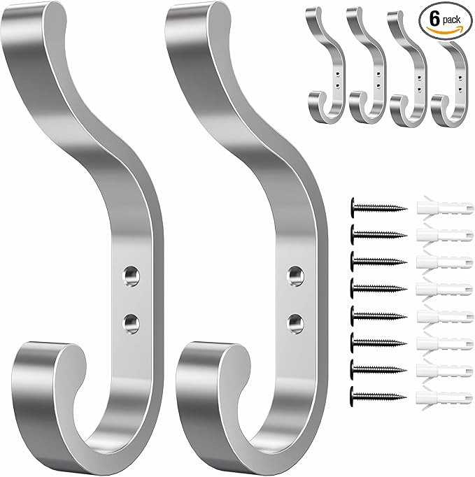bussdis 6-Pack Heavy Duty Wall Hooks - Hold 30LB for Backpacks, Towels, Coats, Keys, Clothes - Silver Wall Mounted Hooks for Bathroom, Closet, Door, Mudroom