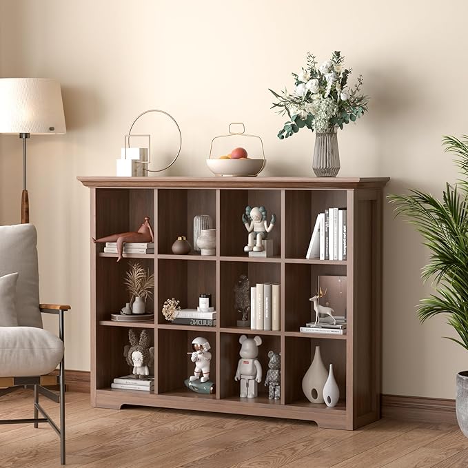 OSCHF Cube Shelf Bookcase with Base - Wooden 3 Tiers Floor Standing Low Storage Cabinet for Home and Office, 12-Cube Lattice Bookshelf, Walnut