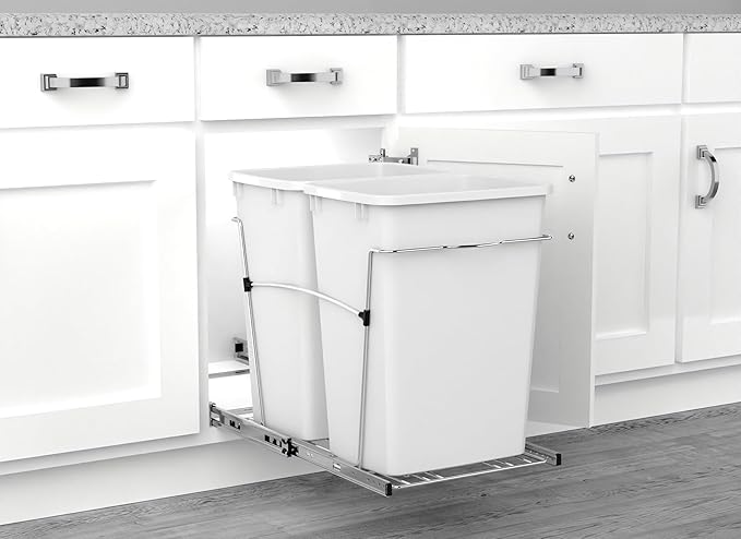 Rev-A-Shelf RV-18KD-11C S Double Pullout Trash Can for Kitchen Cabinets 35 Qt Garbage Recycling Bin on Full-Extension Slides, White
