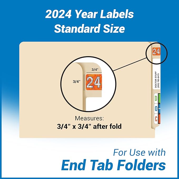 2024 Year Labels, Doctor Stuff 2024 Chart Stickers, Holographic Orange Colored, USA Made Year Label for End Tab File Folders, 500 Labels per Roll, 1 Roll, 3/4" x 1-1/2"