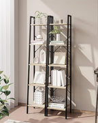Hzuaneri Ladder Shelf, Bookshelf Bookcase, Freestanding Corner Storage Shelve with 2 Hooks for Home Office, Living Room, Kitchen, Bedroom, Industrial, 11.8" D x 13.4" W x 63" H, Greige BC03205B
