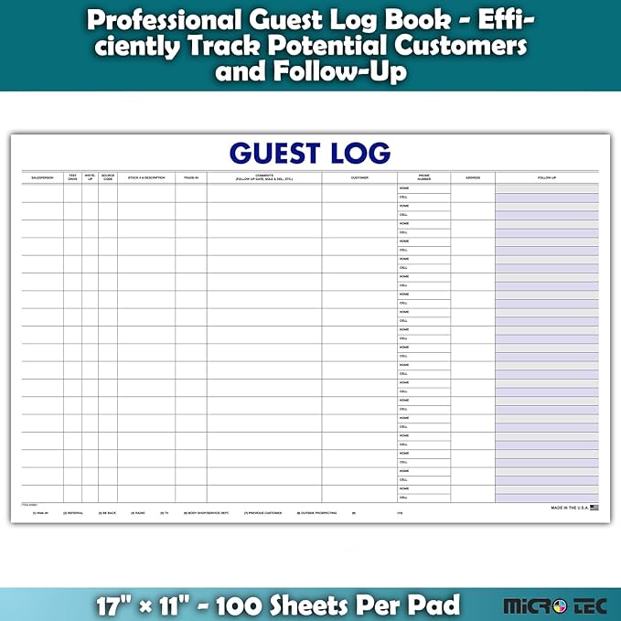 Guest Log Book for Automotive Dealerships – Customer Sign-in Tracking Log – 17" × 11" Visitor Registration Book – 100-Sheet Pad for Auto Service Centers, Repair Shops, Lead Management - 2 Pad