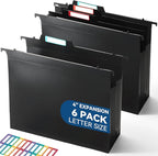 SortRax Plastic High Capacity Hanging File Folders, Letter Size, 4" Expanding Accordion Pocket with Movable Dividers, Heavy Duty for Filing Cabinet, Insertable Tabs, 6 Pack