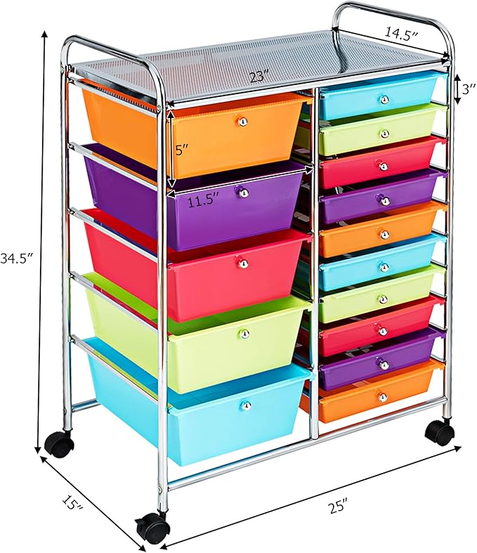 HAPPYGRILL 15-Drawer Rolling Cart, Storage Carts with Removable Drawers & Steel Frame, Utility Cart on Lockable Wheels for Home, School, Office,Multicolorful