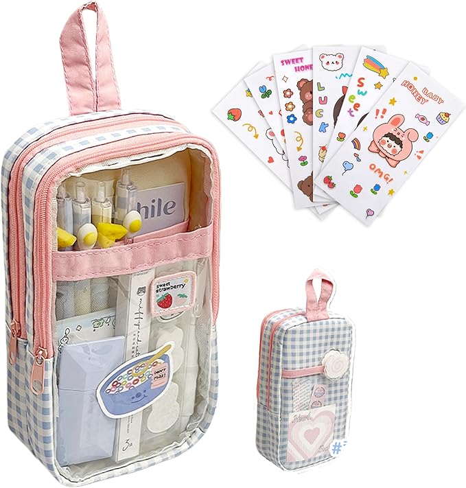 UINSUE Cute Pen case Adorable Bunny Transparent 3-Layer Large Capacity Pencil Case Gadget organizer with Lovely Stickers (Blue Plaid)