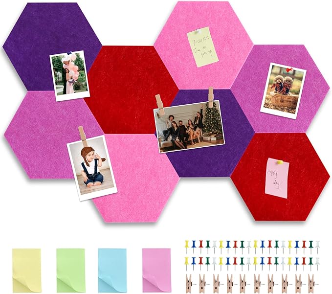 Vuzvuv 8 Pcs Hexagon Bulletin Board with 50 Pushpins & 10 Wooden Clip Pins Adhesive Cork Board for Wall，Felt Pin Board for School，Office Decor（Deep Purple）