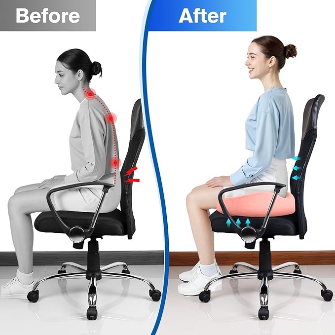 CushyOasis Seat Cushion, Chair Cushions, Office Chair Cushions, Anti-Slip Bottom & Removable Cover Tailbone Pain Relief Cushion, Memory Foam Seat Cushion, 5.28 in Thick (Pink)