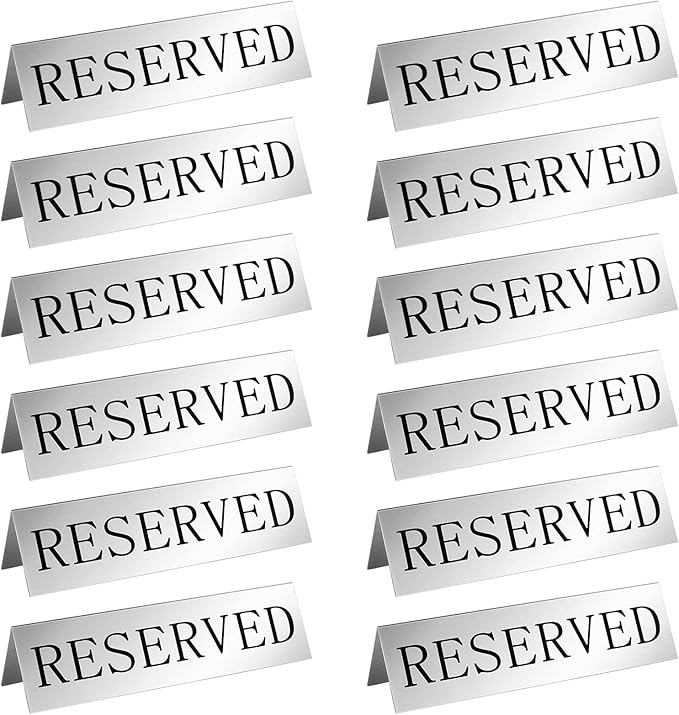Peryiter 12 Pcs Table Top Reserved Sign Metal Reserved Table Tent Signs Double Sided Guest Reservation Seat Indicators for Wedding Restaurant Family Ceremony Events, 5.91 x 3.15 Inches(Silver)
