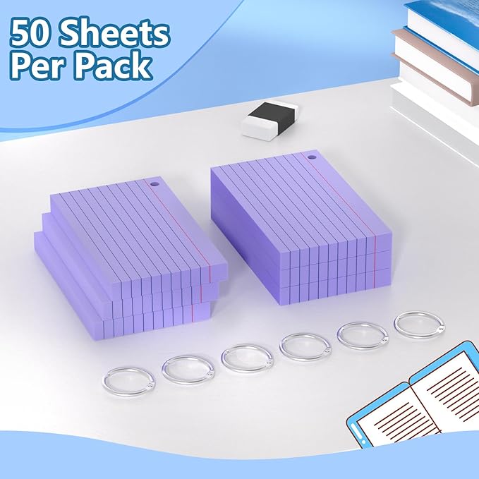 Ciphyfee Index Cards 3x5 Inch With Ring, 300 Count, Ruled Purple Index Card, 180GSM Flash Cards College Ruled for Students, Teachers, Study Note Card for Office, Home, School, Office