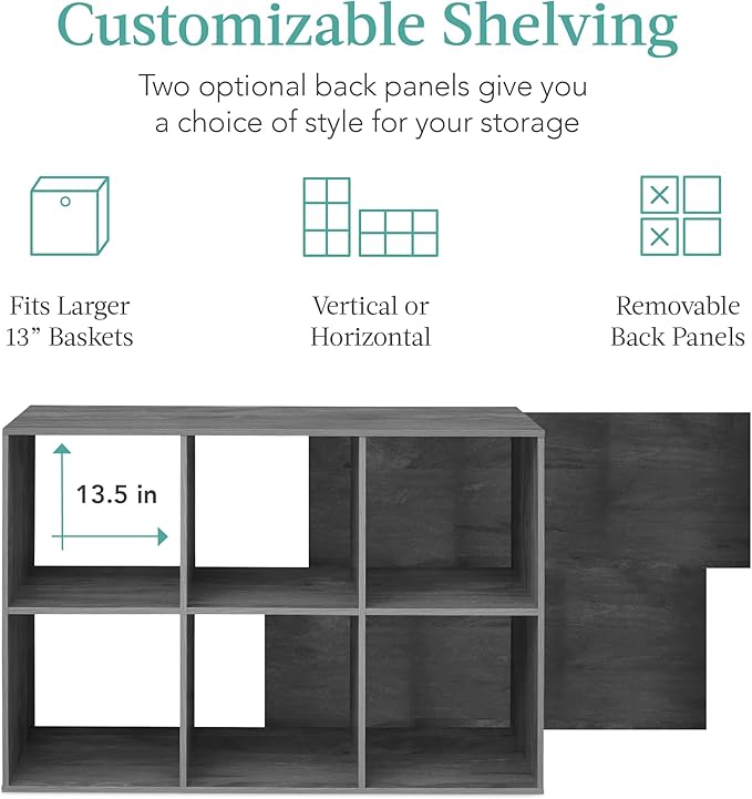 Best Choice Products 6-Cube Storage Organizer, 13.5in Shelf Opening, Bookcase, Display Shelf, Customizable w/ 3 Removable Back Panels – Dark Gray