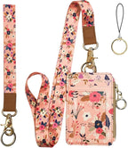 Blooming Flower Badge Holder with Lanyard, Women's Lanyard Wallet, Id Badges Holder for Nurse, Teacher, Student, Office (Pink Floral)