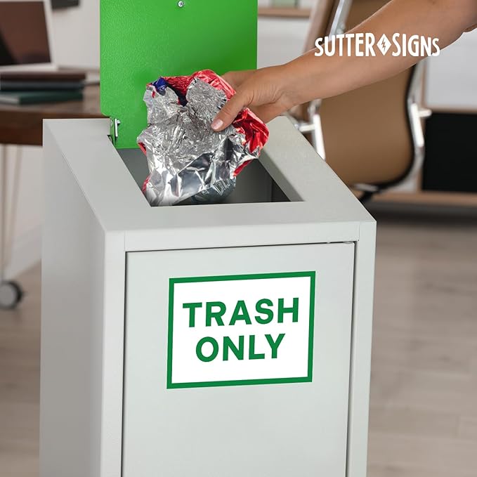 4pc Recycle Stickers + 4pc Trash Stickers | Weatherproof Vinyl Sticker Recycling Signs for Trash Bins, 7" x 10"