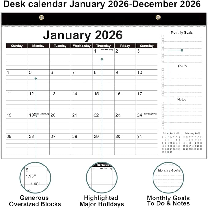 Desk Calendar 2026-12 Months Calendar from January 2026 to December 2026, 2026 Desk Calendar with Thick Paper, 12" x 17", Black