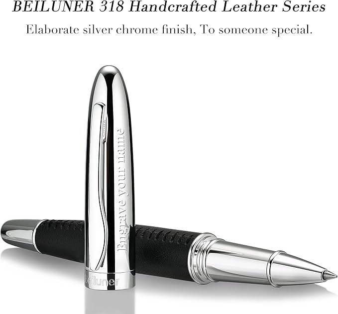 BEILUNER 318 Luxury Personalized Leather Pen, Hand-Stitched Premium Black Leather, Chrome-Plated Finish, Schmidt Refill, Fancy Rollerball Pen Gift Set for Men & Women, Executive, Nice Designer pen