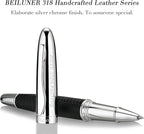 BEILUNER 318 Luxury Personalized Leather Pen, Hand-Stitched Premium Black Leather, Chrome-Plated Finish, Schmidt Refill, Fancy Rollerball Pen Gift Set for Men & Women, Executive, Nice Designer pen