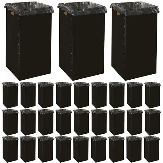 Nosiny 30 Pcs 50 Gallon Corrugated Cardboard Trash Cans for Events, Disposable and Reusable Cardboard Bin Bulk with Trash Bag, Recycling Pop-up Garbage Box, Foldable Waste Container for Party (Black)