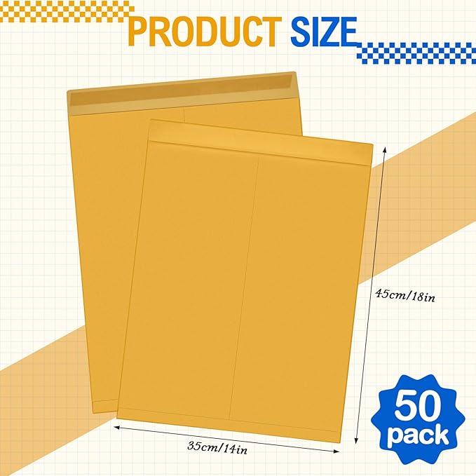 50 Pcs 14'' x 18'' Extra Large Mailing Envelopes 32lb with Gummed Flaps, Catalog Jumbo Craft Envelopes for Mailing, Storage and Organizing Documents Office Supplies(Yellow)