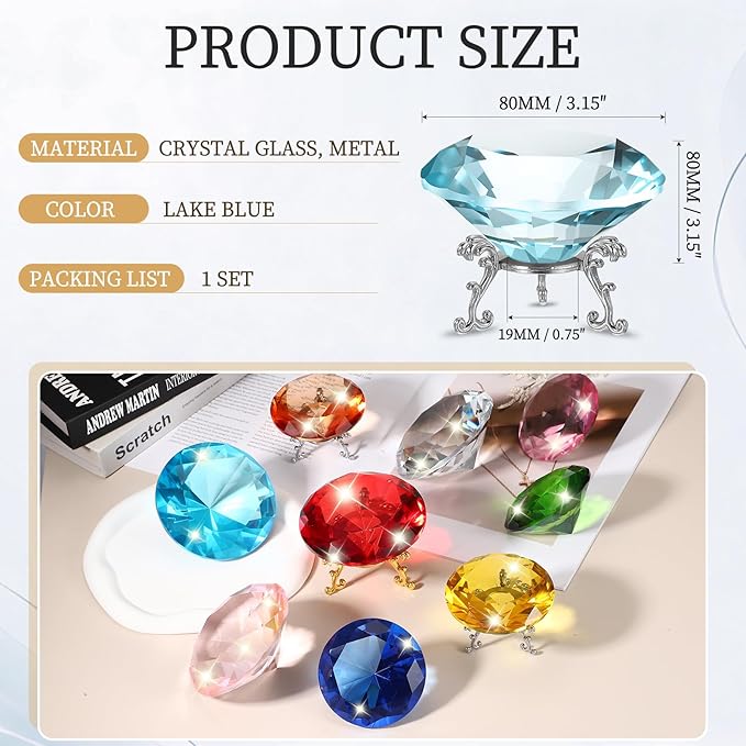PATIKIL Diamond Crystal Paperweight, 80mm / 3.15" Crystal Paperweight Paper Weight with Silver 19 Metal Base for Home Office Desktop Table Decor Wedding Party Ornaments, Lake Blue