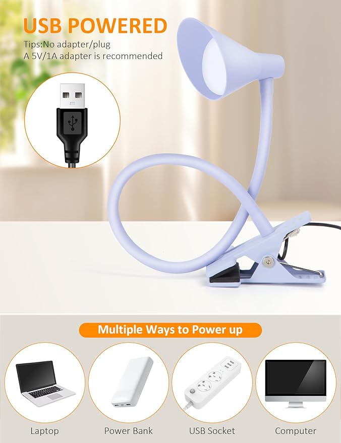 LiFMIRA Desk Lamp Clip on Lamp for Bed Headboard LED Reading Light for Bed, 3 Colors 10 Dimmable Brightness, Book Light for Reading in Bed Flexible Neck Clip on Light Clamp Lamp for Bed Desk(Purple)