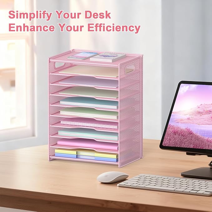 OUTWOLF 10 Tier Paper Organizer - Letter Tray Mesh Desk File Organizer with Handles for Office School Desktop,Pink