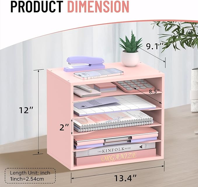 SHARKWOODS 5-Tier Wood Desk Organizer, Paper Tray Organizer for Desk with Adjustable Storage Shelves, Desktop File Organization Paper Sorter Mail Holder for Office Home Classroom, Pink