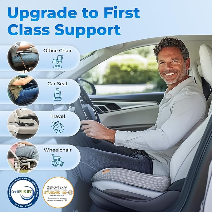 TOP COMFORT Seat Cushion, BodySync™ Technology with Non-Slip Gel & Memory Foam for Tailbone, Sciatica & Back Pain Relief, Office Chair Cushion, Car Seat Cushions for Driving (Light Grey)