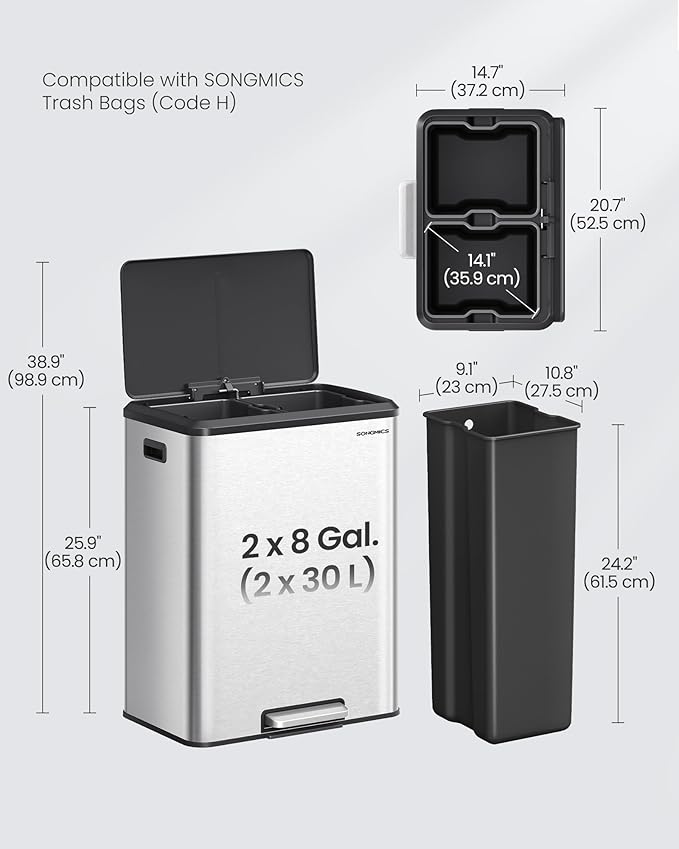 SONGMICS Trash Can, 2 x 8 Gallon (2 x 30 L) Double Garabge Can for Recycling and Waste, Stainless Steel, Soft-Close Lid, Inner Buckets, Wide Sturdy Pedal, Metallic Silver ULTB556E01