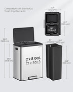 SONGMICS Trash Can, 2 x 8 Gallon (2 x 30 L) Double Garabge Can for Recycling and Waste, Stainless Steel, Soft-Close Lid, Inner Buckets, Wide Sturdy Pedal, Metallic Silver ULTB556E01