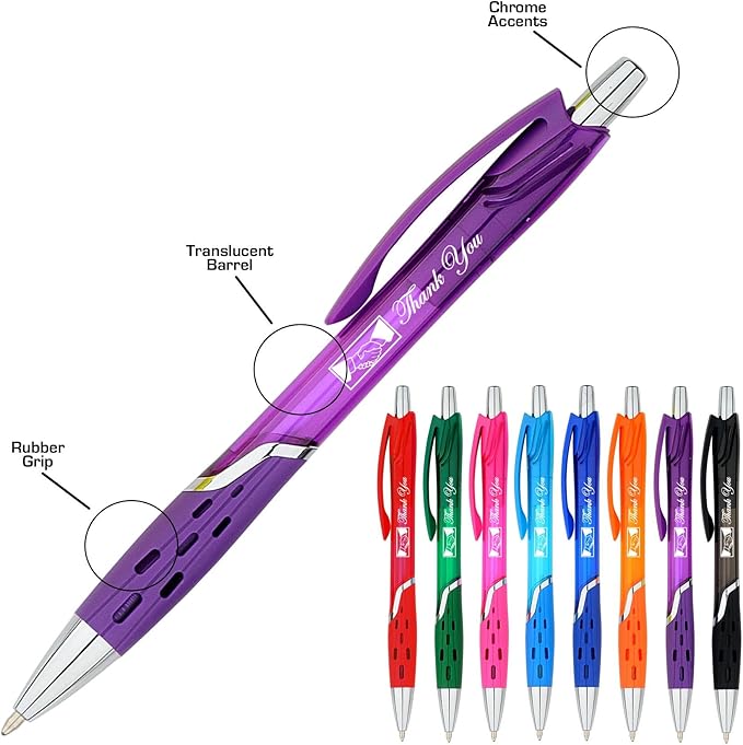 SyPen Personalized Ballpoint Pens With your Custom Logo or Text-300 Pack Bulk-for Businesses, Parties, and Events, Custom Printed, Vivid Colored Translucent Barrel, Click Pens, Black Ink, Purple Pens