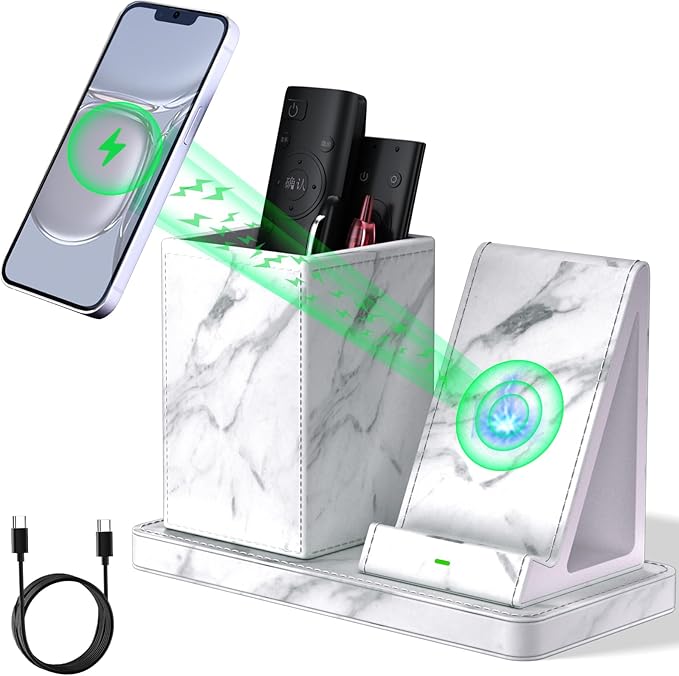 LADSTAG Multi-Functional Pencil Holder for Desk,marble Vegan Leather Organizers with Remote Control Holder,Pencil Holder Desk Organizer with Phone Wireless Charger for Office/Nightstand/Endtable