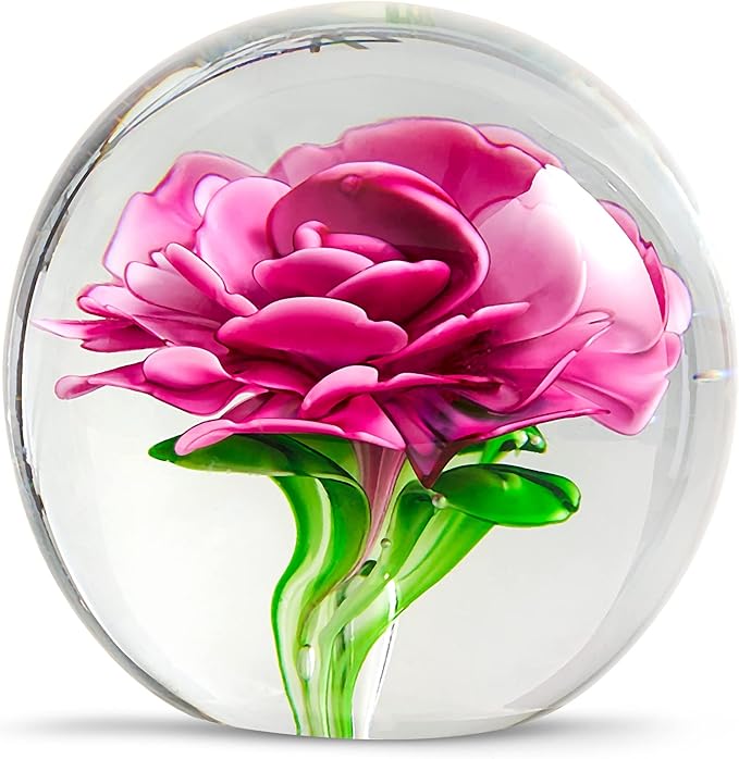 EUSTUMA Hand Blown Glass Flower Paperweight Figurine for Office Desk.Give You A Gift from The Person You Love, The Garden Decoration.(Pink Flowers)