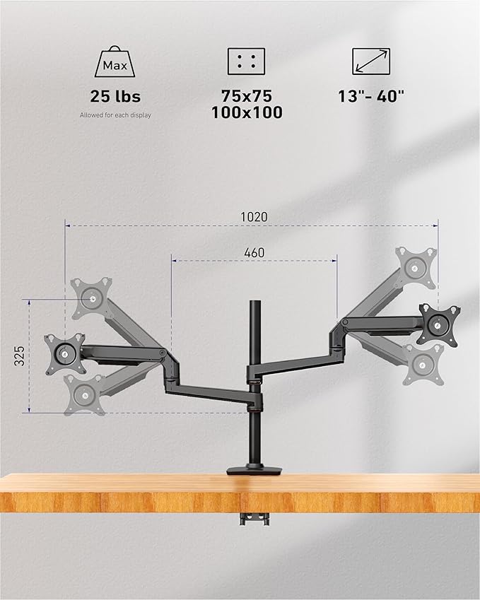Ergounion Quad Monitor Mount, Holds Screens up to 40 Inches and 25 lbs, Fully Adjustable 4 Monitor Stand with C-Clamp and Grommet Base, Aluminum, Black
