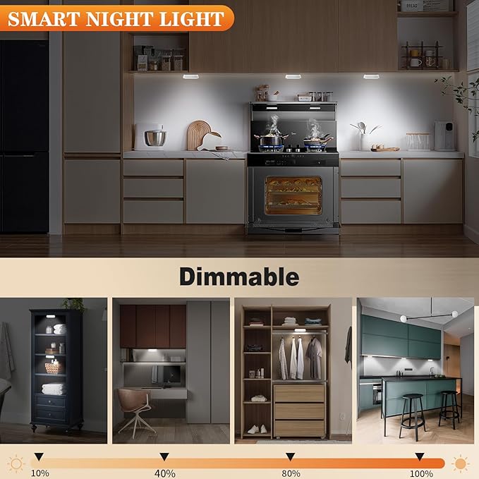 LED Closet Lights Motion Sensor Puck Light with Charge Station, Rechargeable Step Puck Lights,Dimmable Under Cabinet Indoor Lighting Magnet Stick-on Light for Counter Kitchen Wardrobe(6 Pack)
