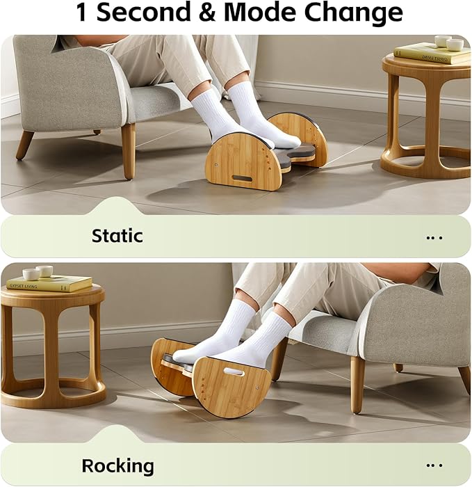 Ergonomic Under Desk Bamboo Footrest, 3-in-1 Reversible Rocking Footrest with Footpads, 4 Adjustable Heights Office Foot Stool, Large Anti-Slip Surface, Improves Posture and Blood Circulation