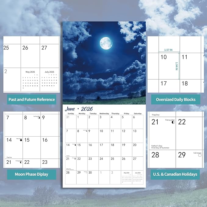 2026 Wall Calendar, MOONS Wall Calendars,2026 Monthly Calendars, Beautiful luna Picture, Thick Glossy Paper, Organizing & Planning