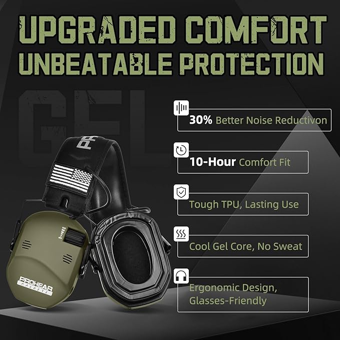 PROHEAR 022 Upgraded Electronic Shooting Earmuffs with Gel Cooling Ear Cushions - 29dB SNR Noise Reduction for Hunting & Gun Range, 5X Sound Amplification, 4 Omnidirectional Mics, HD Speakers,Green