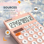 CATIGA 12 Digit Desktop Calculator Basic Desk Calculator with Large LCD Display, Big Buttons, 4 Function, Solar and Battery Dual Power, for Office, School, Home, SD-1292 Pink