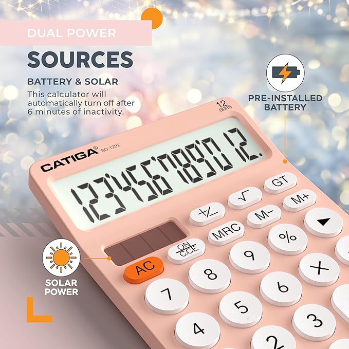 CATIGA 12 Digit Desktop Calculator Basic Desk Calculator with Large LCD Display, Big Buttons, 4 Function, Solar and Battery Dual Power, for Office, School, Home, SD-1292 Pink