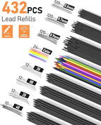 Four Candies 25PCS Art Mechanical Pencil Set with Case, 3PCS Metal Artist Lead Pencil 0.5, 0.7, 0.9 mm & 3PCS 2mm Holder (HB 2H 2B 4B Color) with 432PCS Graphite Lead Refills for Drawing Sketching
