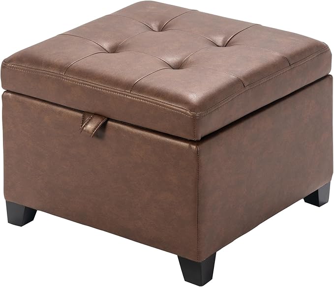 Asense 17 Inch Storage Ottoman Foot Rest,Square Faux Leather Foot Stool,Small Ottoman with Storage,Padded Seat for Entryway,Living Room,Bedroom,Couch,Under Desk,Rust Brown