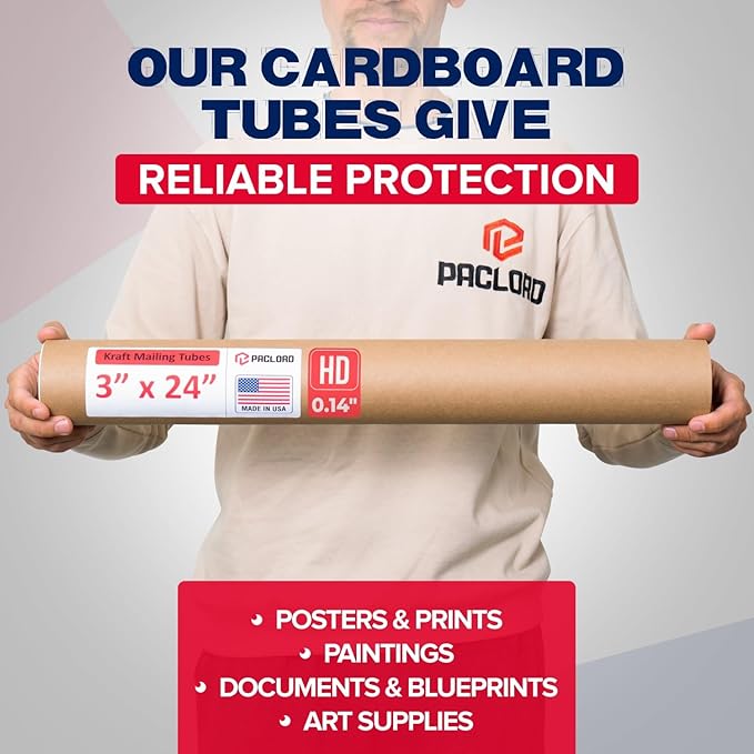 Paclord 3" x 24" Heavy-Duty Reinforced Cardboard Mailing Tube, Pack of 6 Tubes with 12 Caps – Secure USPS Approved – Great for Shipping and Storing of Prints, Artwork, Posters or Documents