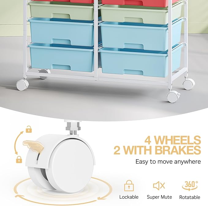 Rolling Storage Cart with 12 Drawers, Wooden Tabletop Utility Cart for Craft Storage, Art Supply Storage & Home Office Organization, Teacher Cart with Wheels for Classroom, School (Rainbow)