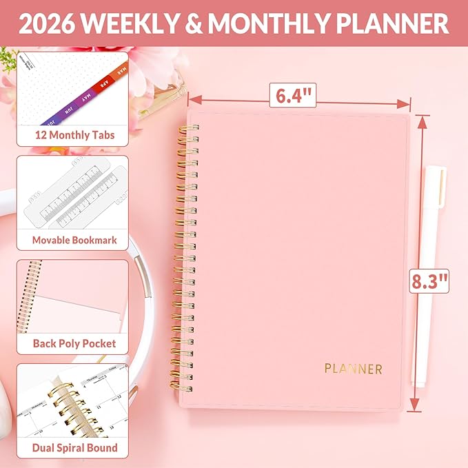 SUNEE 2026 Weekly and Monthly Planner - from January 2026 - December 2026, Daily Agenda Planner with Monthly Tab, Flexible Cover, Note Pages, Pockets, Bookmark, Spiral Binding, Pink, 6.4" x 8.3"